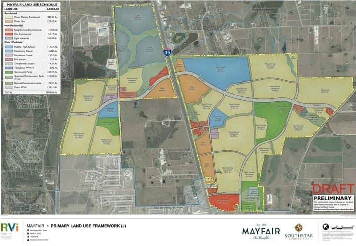 A map of the Mayfair planned development in the city of New Braunfels, Texas