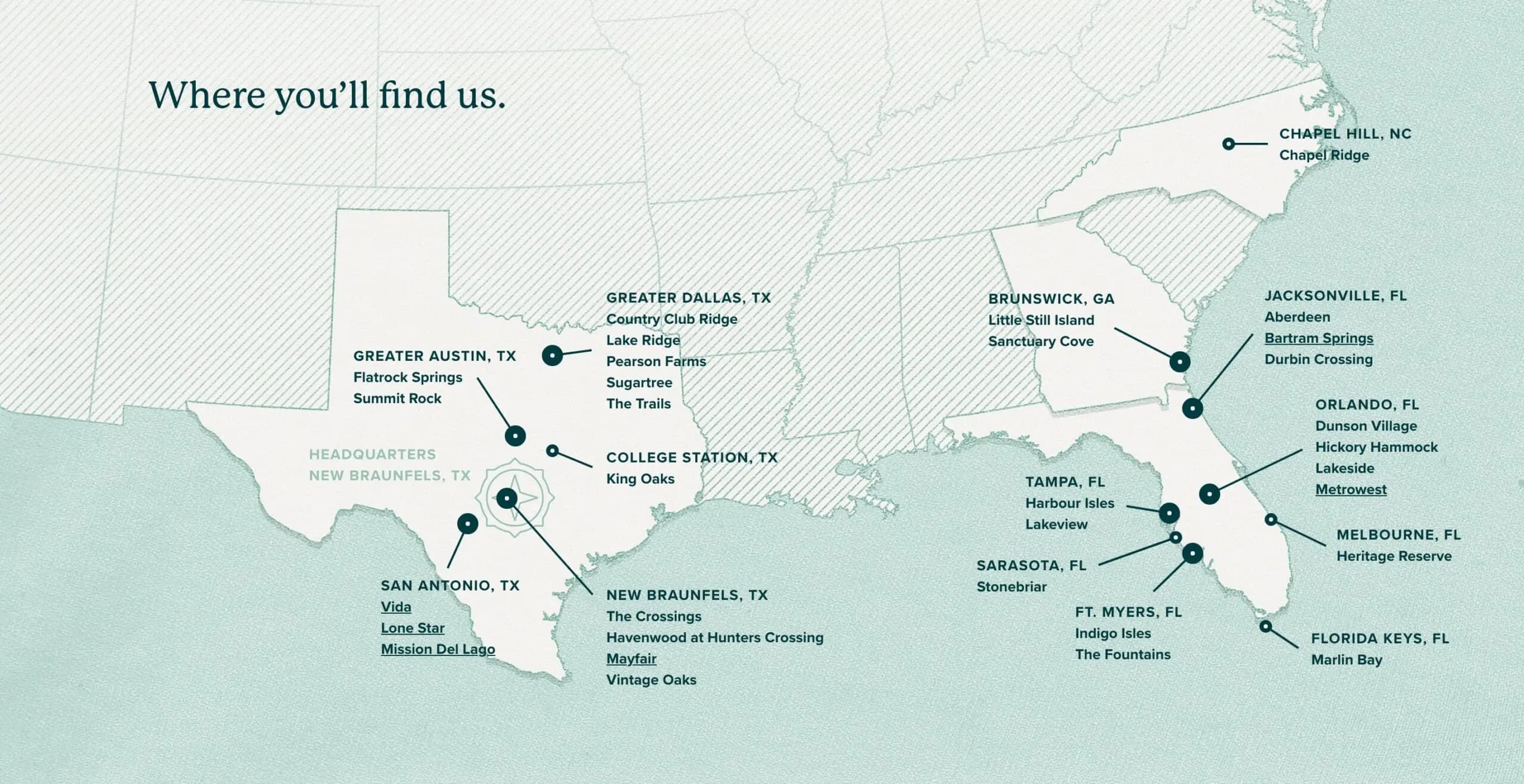 An illustrative map of the United States, showing the location of Southstar communities. Most of which are in Texas and Florida with a few communities in Georgia and North Carolina